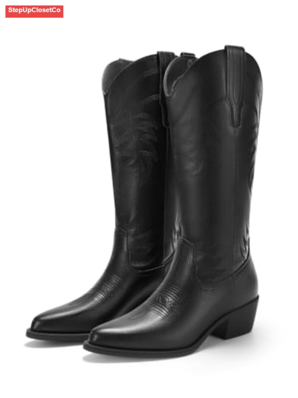 Mid Calf Embroidered Western Cowboy Boots Chunky Heel Faux Leather
